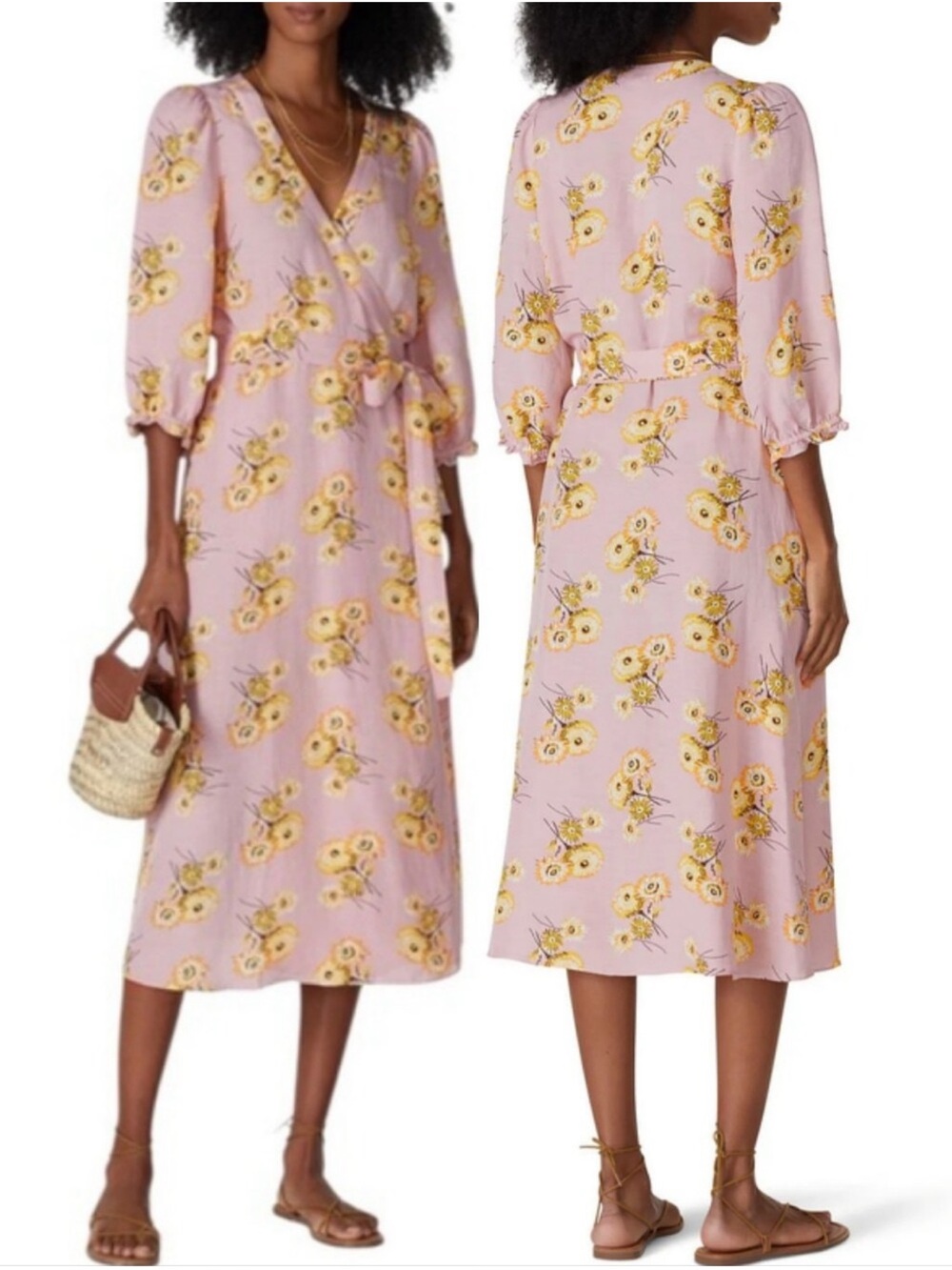 Madewell Wrap Floral Linen Ruffle Cuff Midi Dress Dandelions Size XS